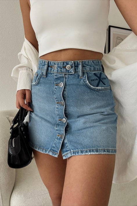 Ön Düğmeli Kot Etek Mavi