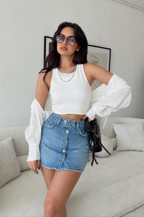 Ön Düğmeli Kot Etek Mavi