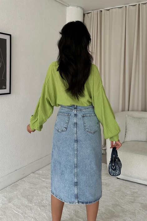 Ön Yırtmaçlı Midi Kot Etek Buz Mavi