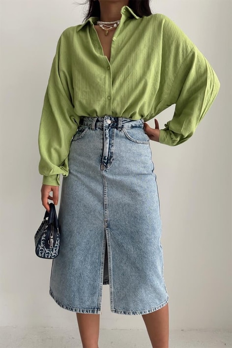 Ön Yırtmaçlı Midi Kot Etek Buz Mavi