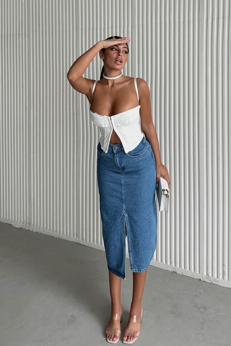 Ön Yırtmaçlı Midi Kot Etek Mavi