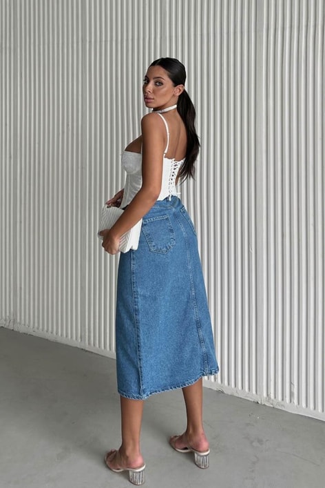 Ön Yırtmaçlı Midi Kot Etek Mavi