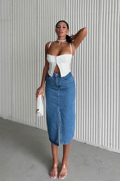 Ön Yırtmaçlı Midi Kot Etek Mavi