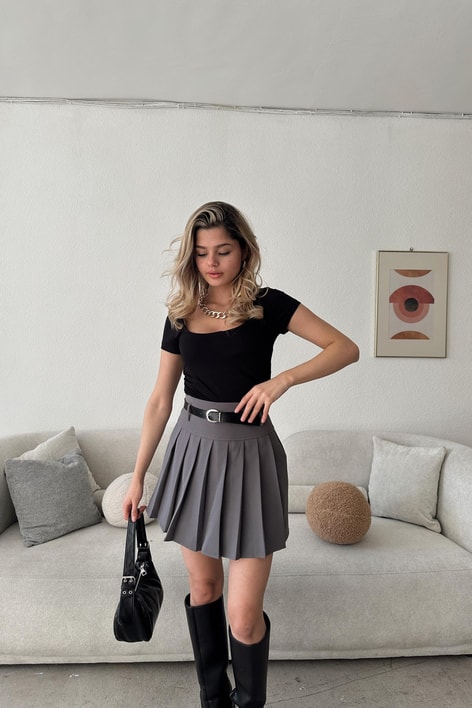 Pile Şort Etek Antrasit