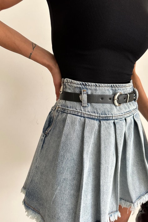 Pileli Denim Etek Buz Mavi