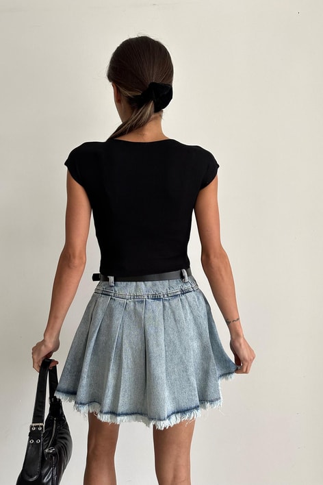 Pileli Denim Etek Buz Mavi