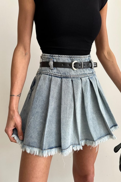 Pileli Denim Etek Buz Mavi