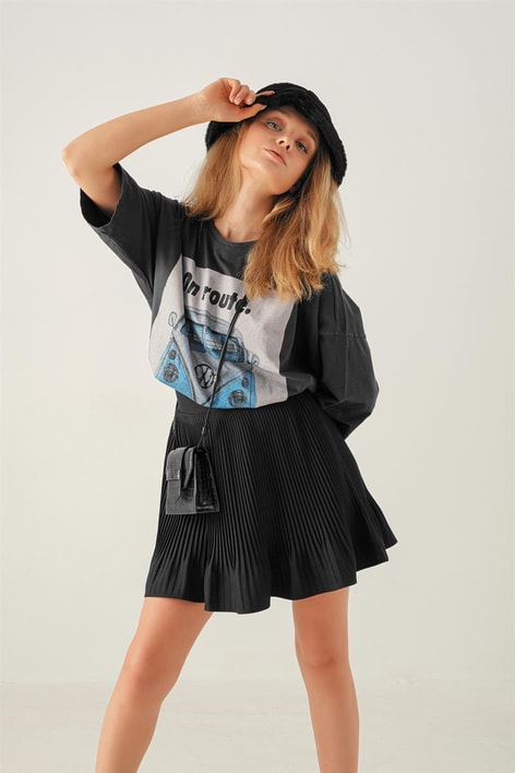 Pileli Mini Şort Etek Siyah