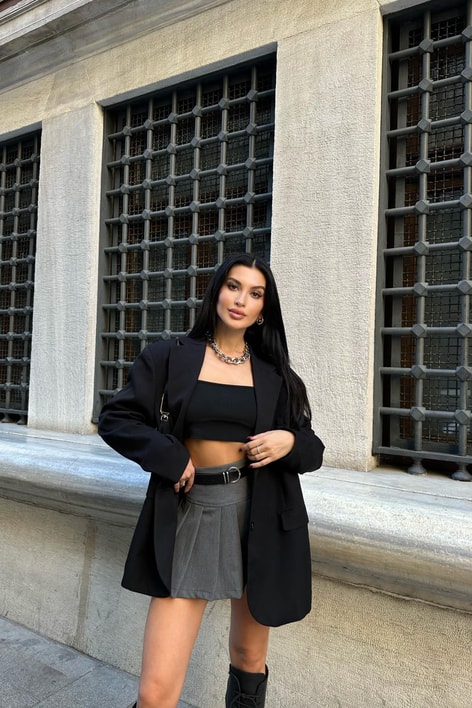 Pileli Oxford Şort Etek Antrasit