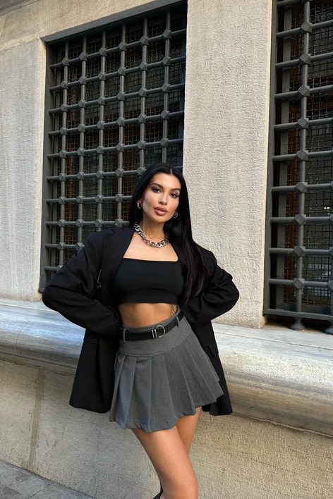 Pileli Oxford Şort Etek Antrasit