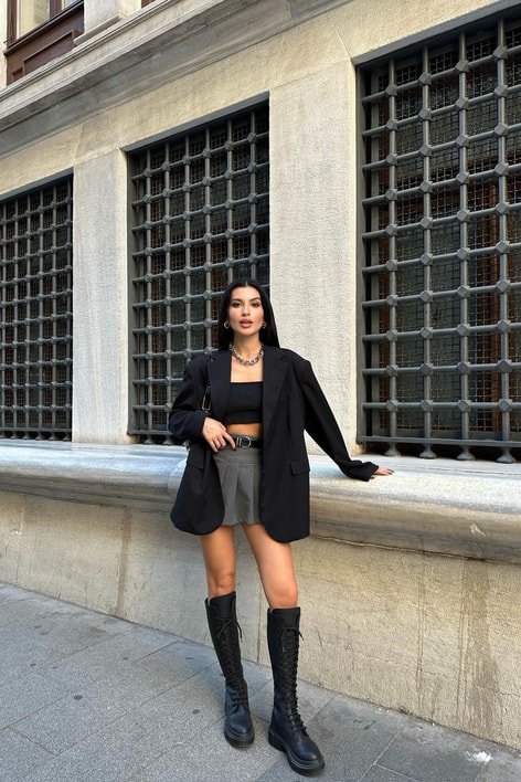 Pileli Oxford Şort Etek Antrasit