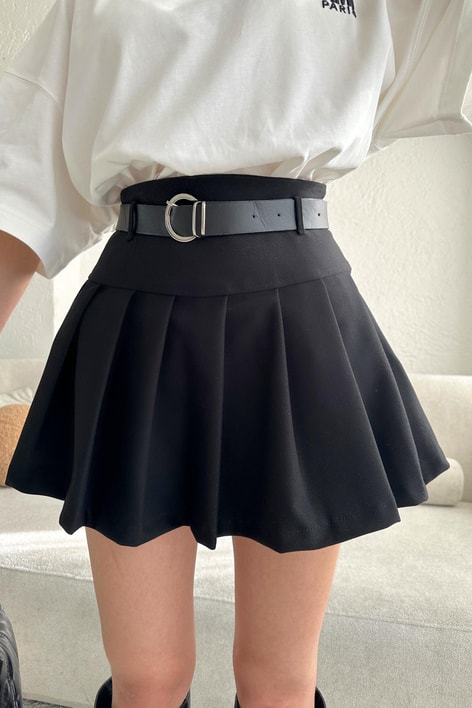 Pileli Oxford Şort Etek Siyah