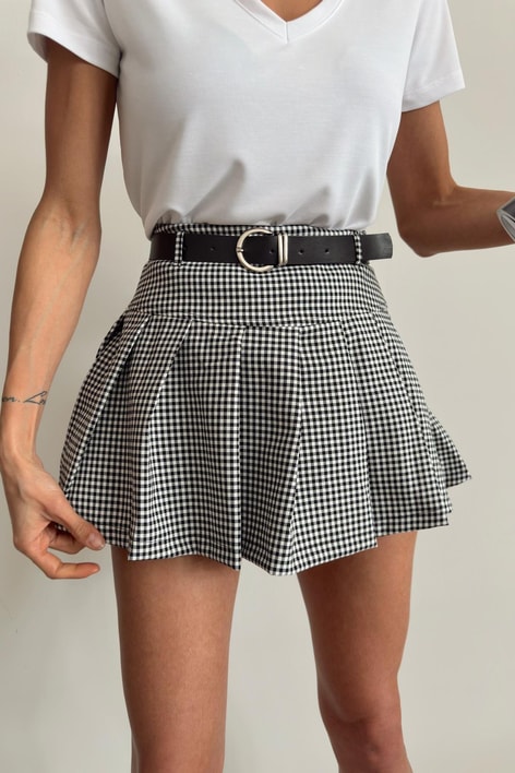 Pileli Oxford Şort Etek Siyah-Beyaz