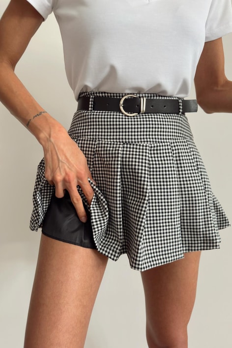Pileli Oxford Şort Etek Siyah-Beyaz