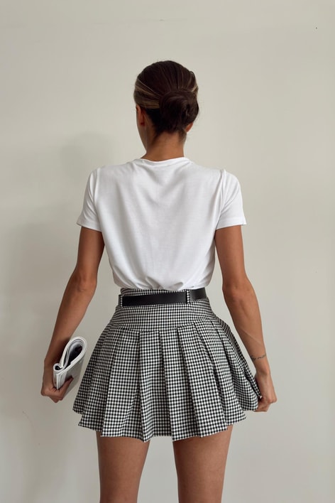 Pileli Oxford Şort Etek Siyah-Beyaz