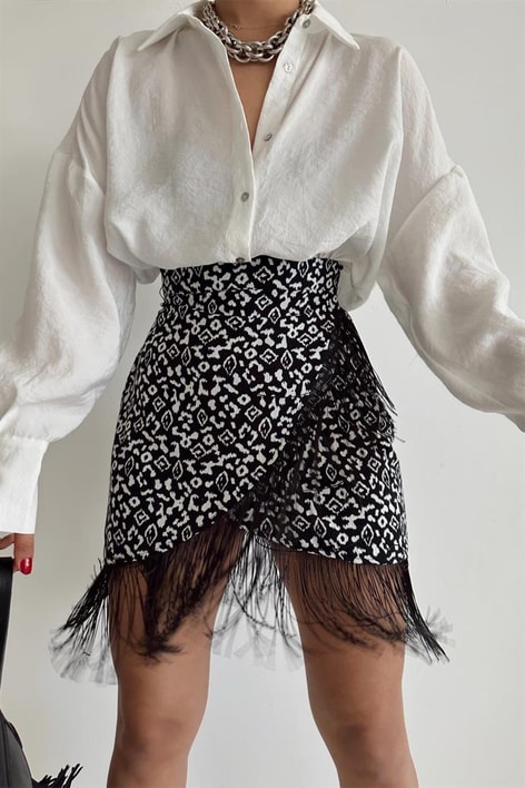 Saçaklı Kruvaze Etek Siyah