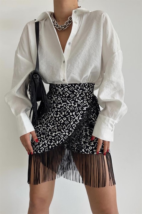 Saçaklı Kruvaze Etek Siyah