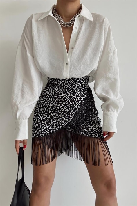 Saçaklı Kruvaze Etek Siyah