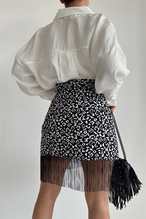 Saçaklı Kruvaze Etek Siyah