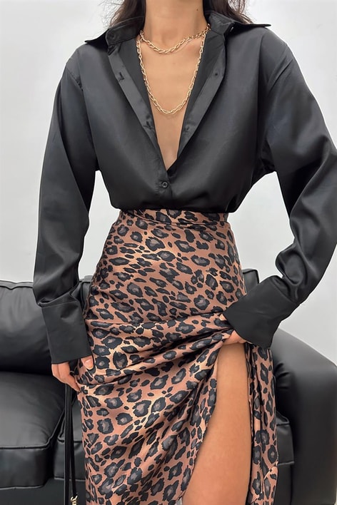 Saten Leopar Etek Siyah