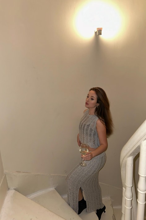 Simli Ajur Triko Etek Gri