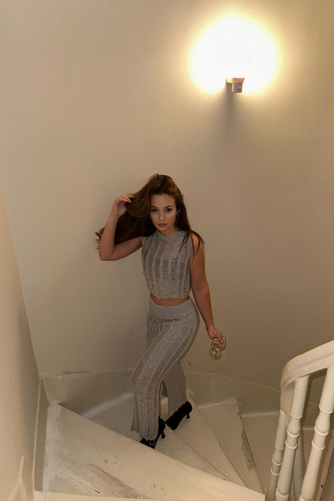 Simli Ajur Triko Etek Gri