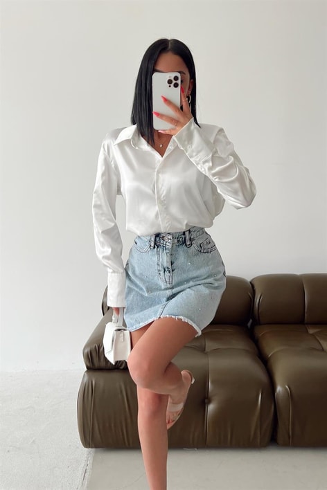 Taşlı Denim Mini Etek Buz Mavi