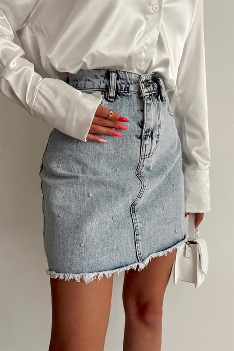 Taşlı Denim Mini Etek Buz Mavi
