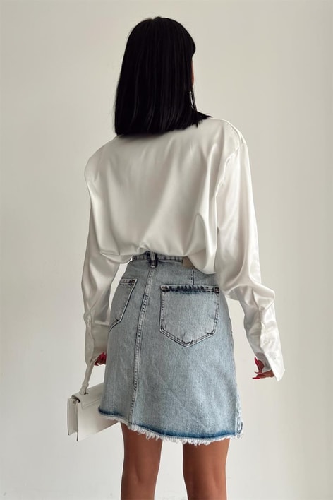 Taşlı Denim Mini Etek Buz Mavi