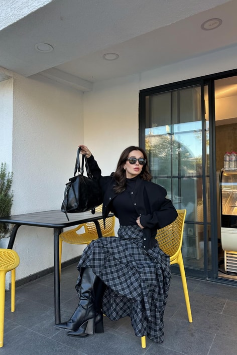 Volanlı Ekose Etek Siyah