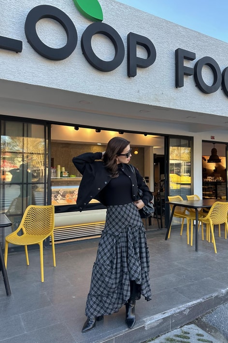 Volanlı Ekose Etek Siyah