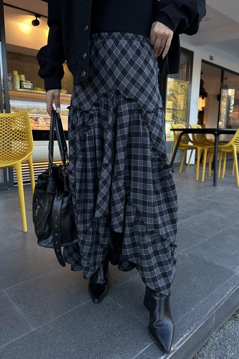 Volanlı Ekose Etek Siyah