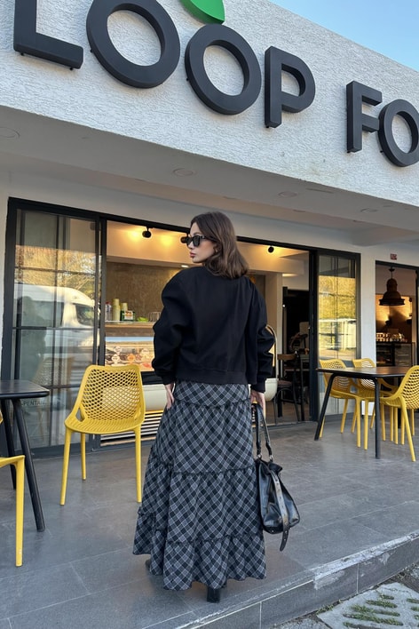 Volanlı Ekose Etek Siyah