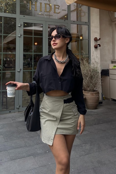 Yan Cepli Asimetrik Street Etek Haki