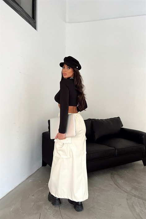 Yan Cepli Deri Yırtmaçlı Etek Taş