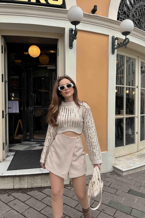 Yan Kapama Şort Etek Taş