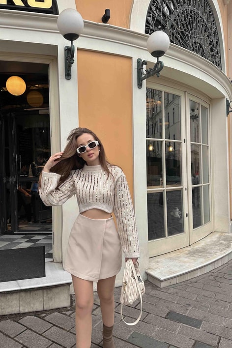 Yan Kapama Şort Etek Taş