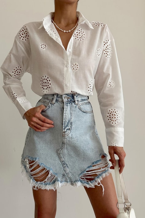 Yırtık Detay Denim Etek Buz Mavi