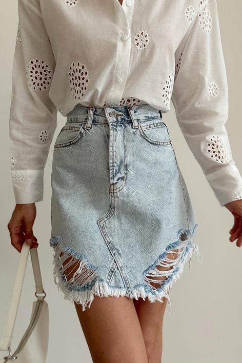 Yırtık Detay Denim Etek Buz Mavi