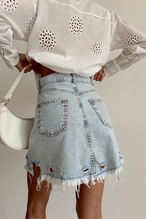 Yırtık Detay Denim Etek Buz Mavi