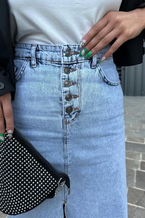 Yırtmaç Detay Düğmeli Denim Etek Buz Mavi