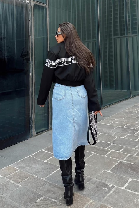 Yırtmaç Detay Düğmeli Denim Etek Buz Mavi