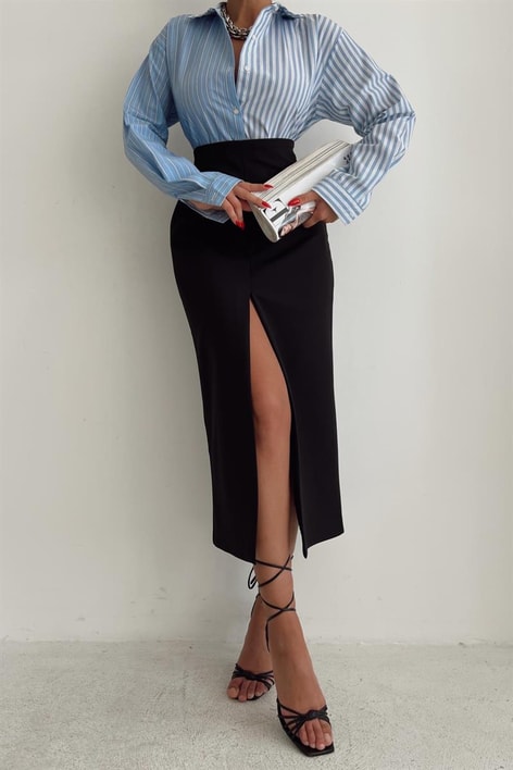 Yırtmaçlı Basic Midi Etek Siyah