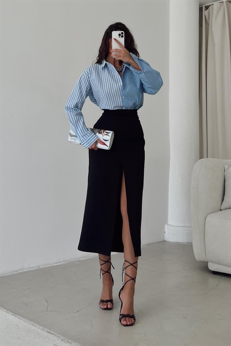 Yırtmaçlı Basic Midi Etek Siyah