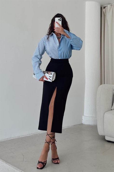 Yırtmaçlı Basic Midi Etek Siyah