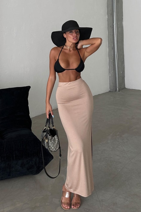 Yırtmaçlı Uzun Basic Etek Camel