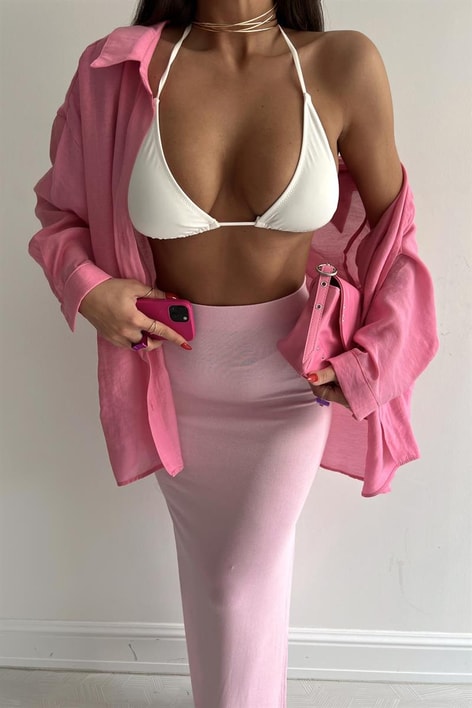 Yırtmaçlı Uzun Basic Etek Pembe