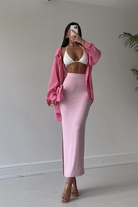 Yırtmaçlı Uzun Basic Etek Pembe