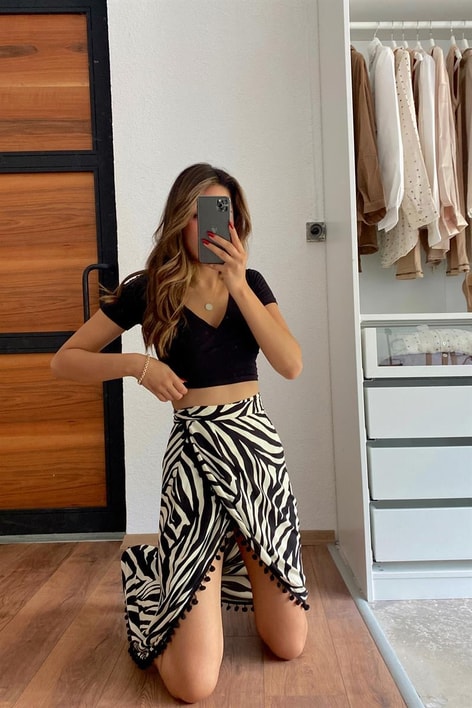 Zebra Desen Bağlamalı Etek Siyah