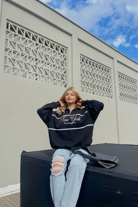 Fermuar Yaka NY Sweat Siyah